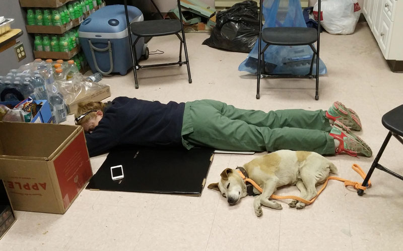 Volunteers take the opportunity to rest whenever and wherever they can.