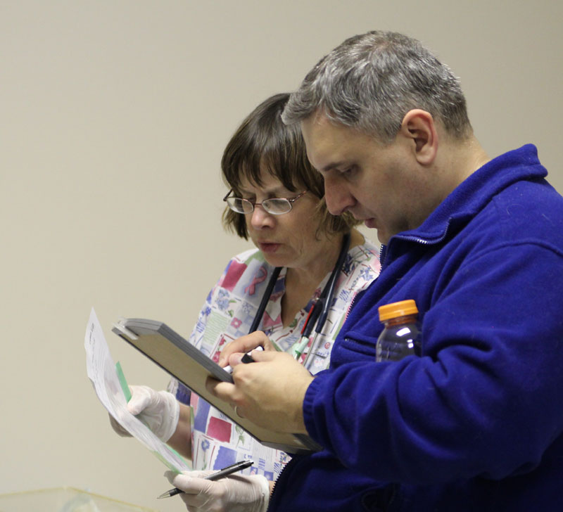 Volunteer veterinary health teams work together to ensure accurate records are kept for more than 1000 animals taken in.